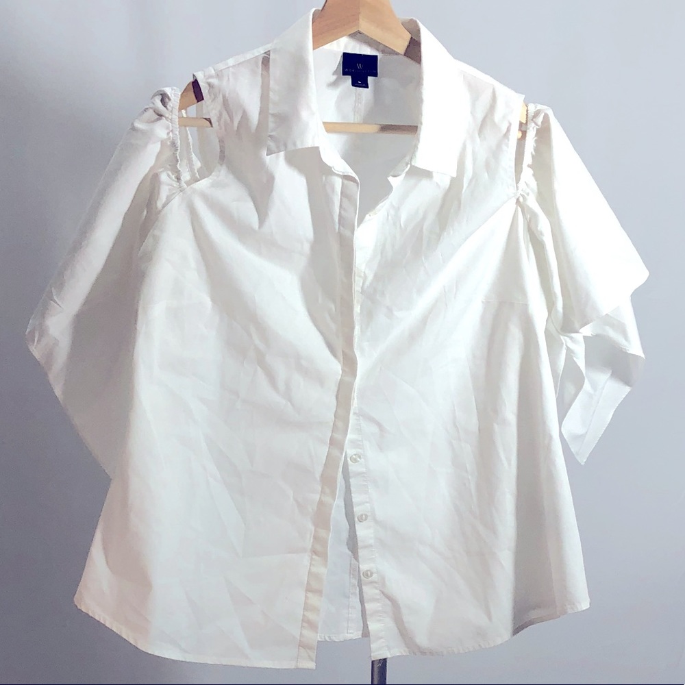 Worthington White Button Up with Shoulder Cutouts Peep Shoulder Size L